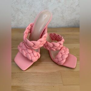 Pink Braided Strap Stiletto Heels Square Toe Mule Sandals 5.5